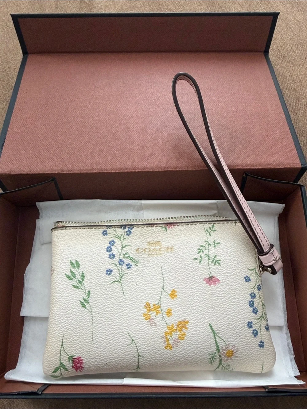 Coach Cream Floral Wristlet wallet  with Pink Strap - comes with box